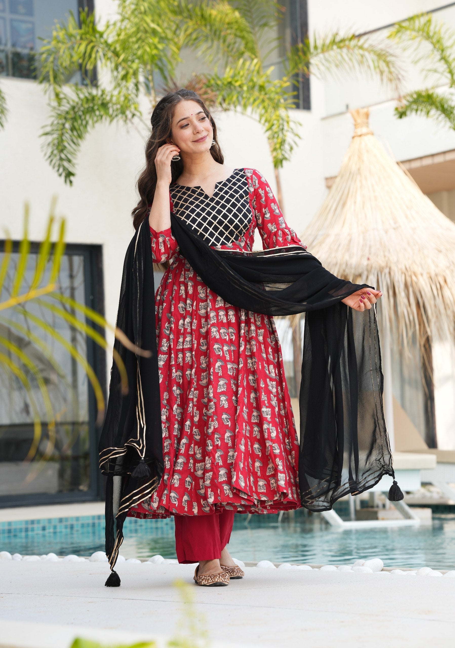 Red Elegant Cotton Top Set with Lace Work, Crape Bottom & Faux Georgette Dupatta Secondary image