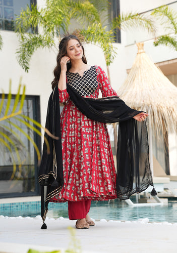 Red Elegant Cotton Top Set with Lace Work, Crape Bottom & Faux Georgette Dupatta ClothsVilla