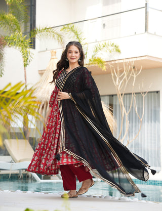 Red Elegant Cotton Top Set with Lace Work, Crape Bottom & Faux Georgette Dupatta ClothsVilla
