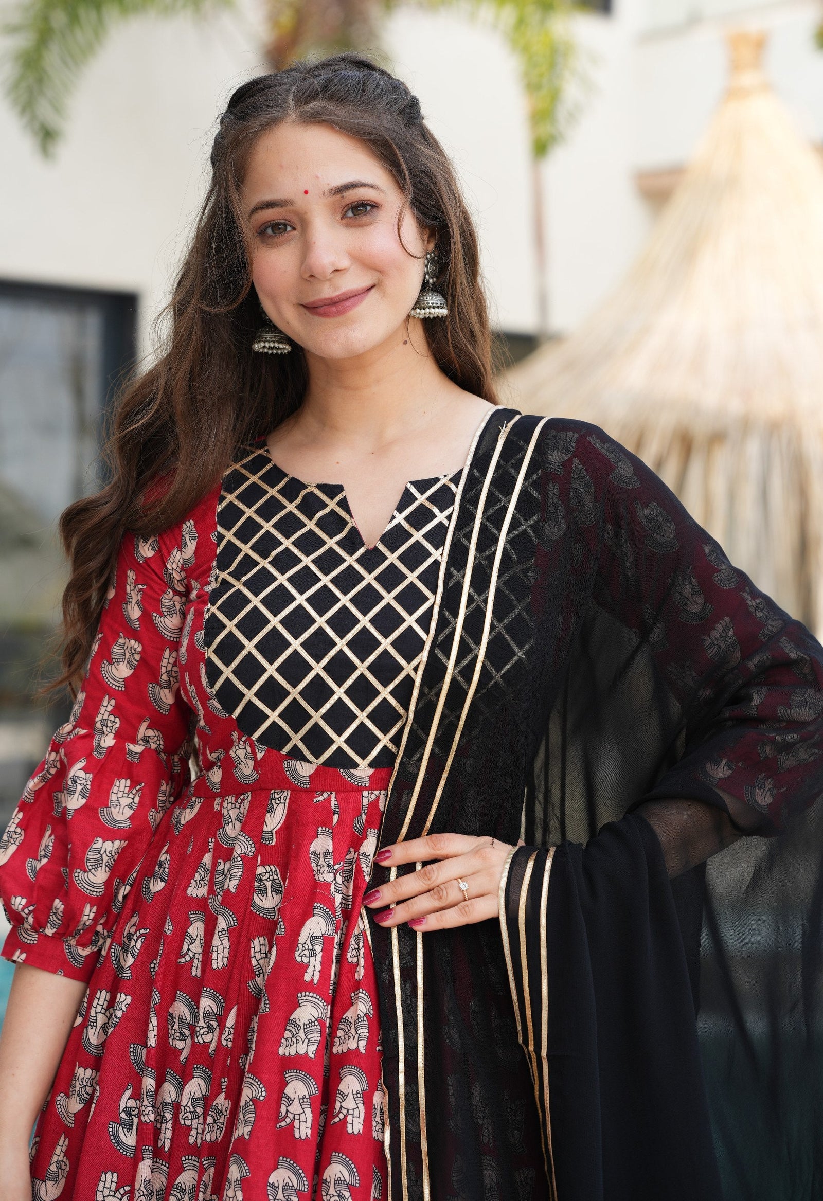 Red Elegant Cotton Top Set with Lace Work, Crape Bottom & Faux Georgette Dupatta ClothsVilla