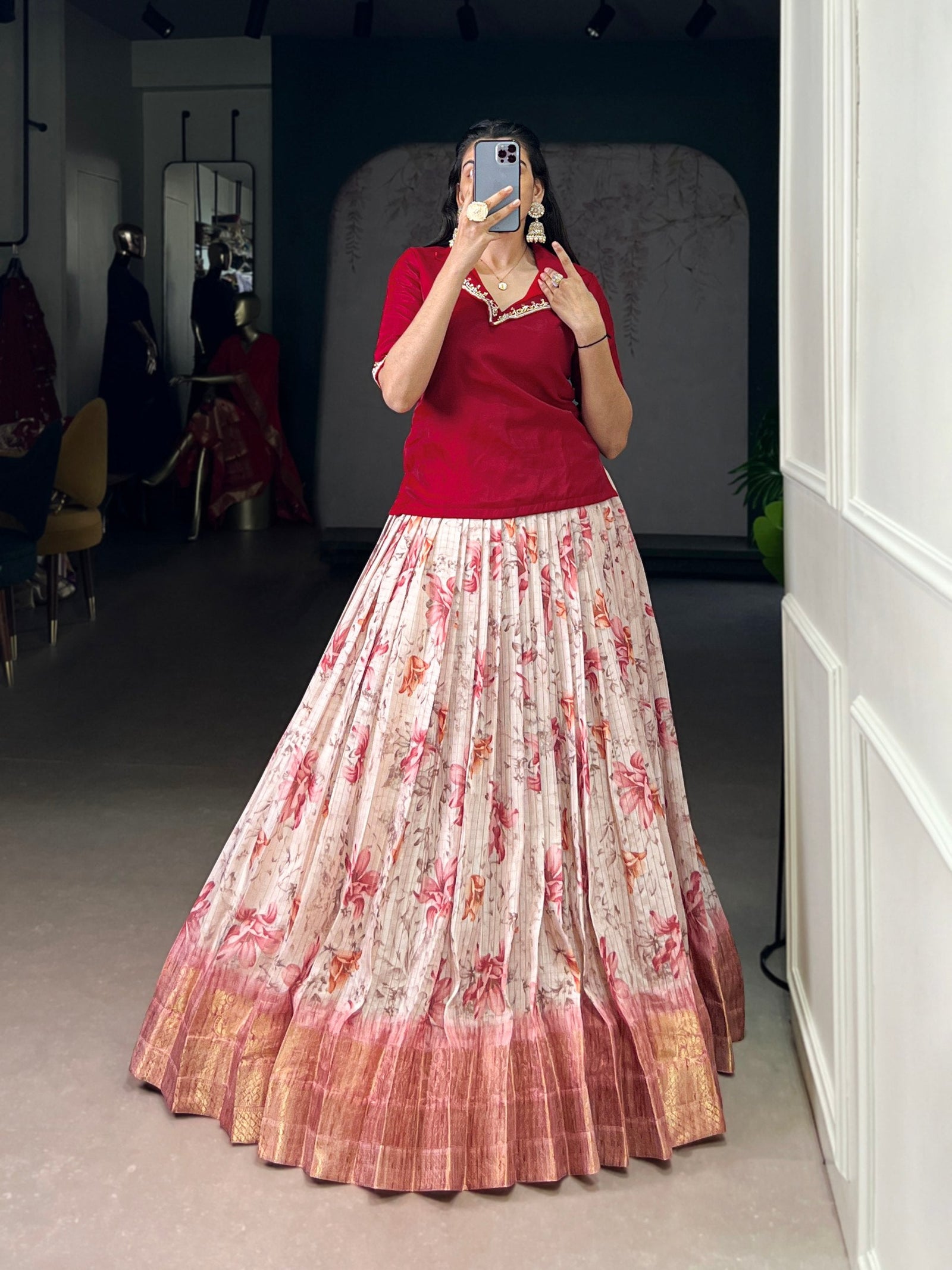 Red Elegant Dola Chex Floral Printed Lehenga with Zari Weaving and Sequined Banglory Blouse – Stitched Set ClothsVilla