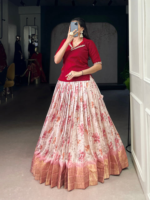 Red Elegant Dola Chex Floral Printed Lehenga with Zari Weaving and Sequined Banglory Blouse – Stitched Set ClothsVilla Main image