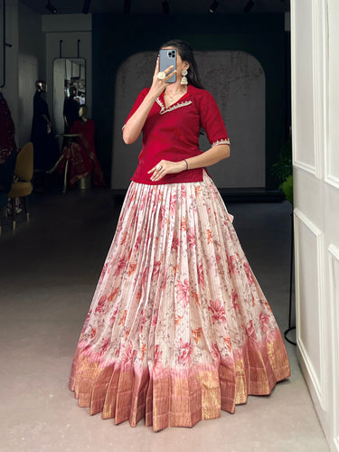 Red Elegant Dola Chex Floral Printed Lehenga with Zari Weaving and Sequined Banglory Blouse – Stitched Set ClothsVilla