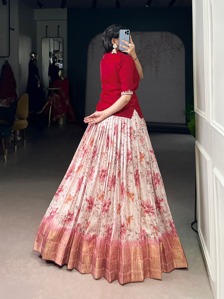 Red Elegant Dola Chex Floral Printed Lehenga with Zari Weaving and Sequined Banglory Blouse – Stitched Set ClothsVilla