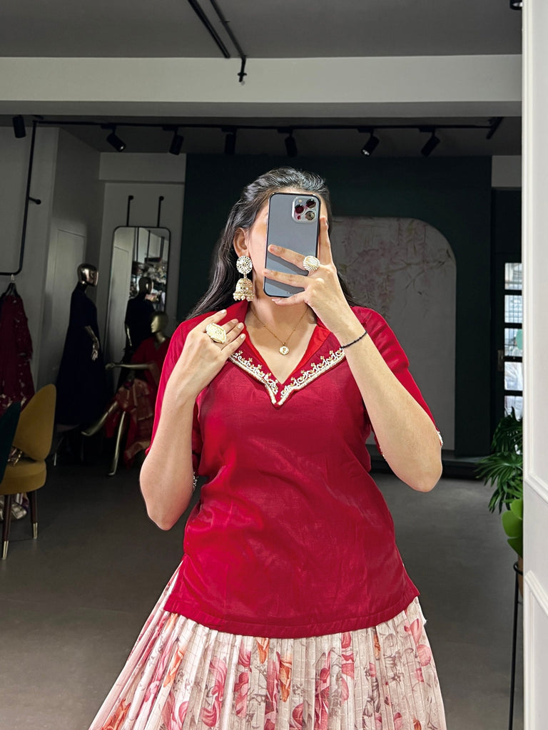 Red Elegant Dola Chex Floral Printed Lehenga with Zari Weaving and Sequined Banglory Blouse – Stitched Set ClothsVilla