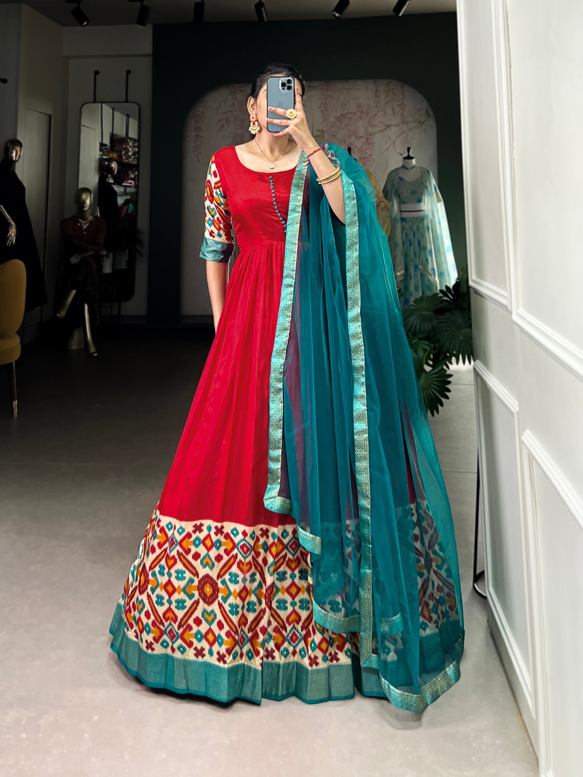 Red Elegant Dola Silk Flare Gown with Foil Print & Lace Border Dupatta Main image