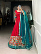 Load image into Gallery viewer, Red Elegant Dola Silk Flare Gown with Foil Print &amp; Lace Border Dupatta