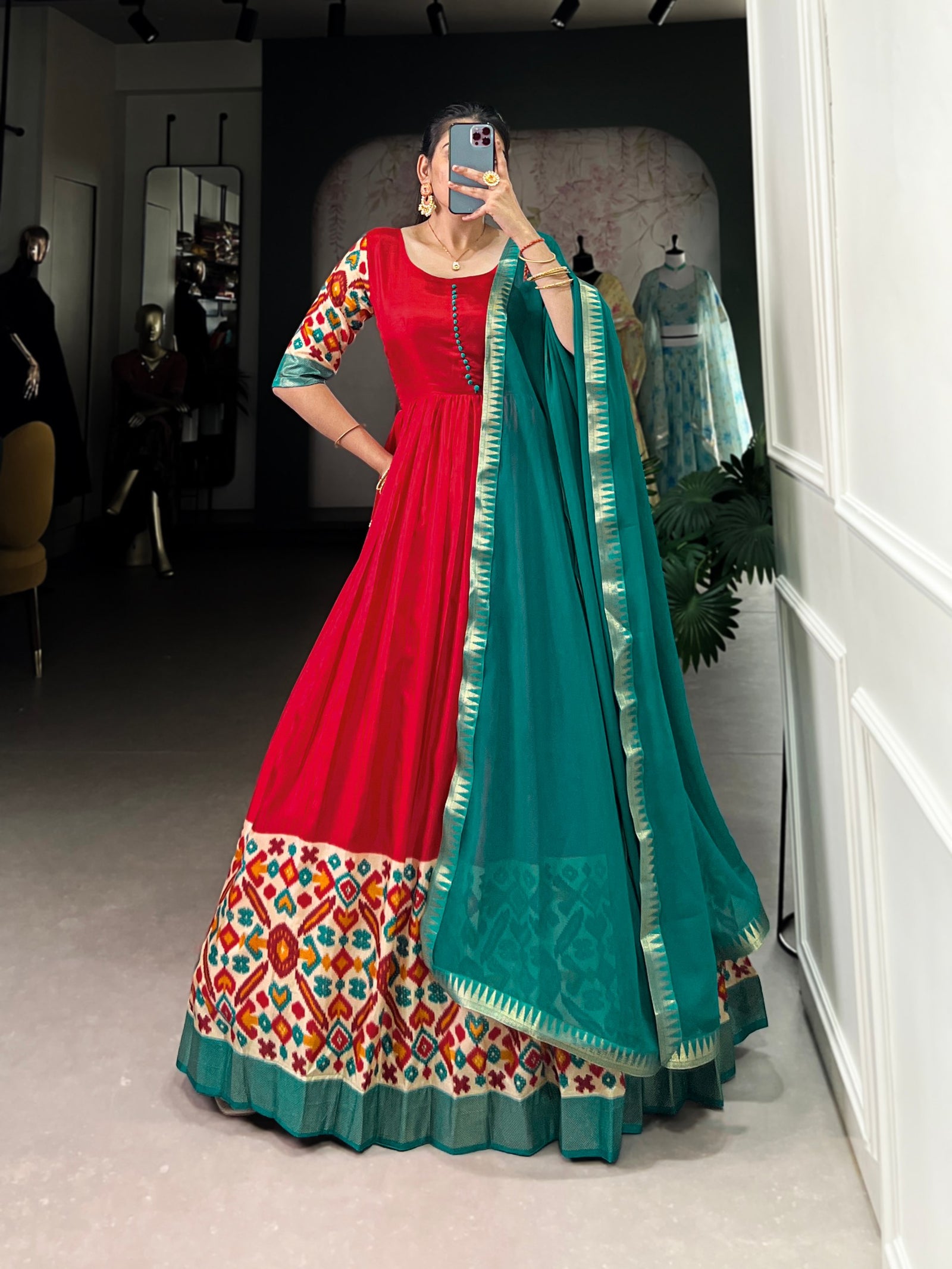 Red Elegant Dola Silk Flare Gown with Foil Print & Lace Border Dupatta