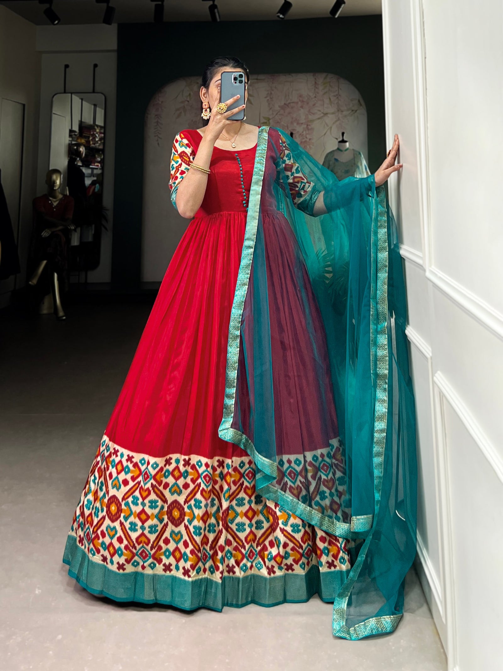 Red Elegant Dola Silk Flare Gown with Foil Print & Lace Border Dupatta