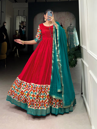 Red Elegant Dola Silk Flare Gown with Foil Print & Lace Border Dupatta