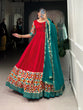 Load image into Gallery viewer, Red Elegant Dola Silk Flare Gown with Foil Print &amp; Lace Border Dupatta