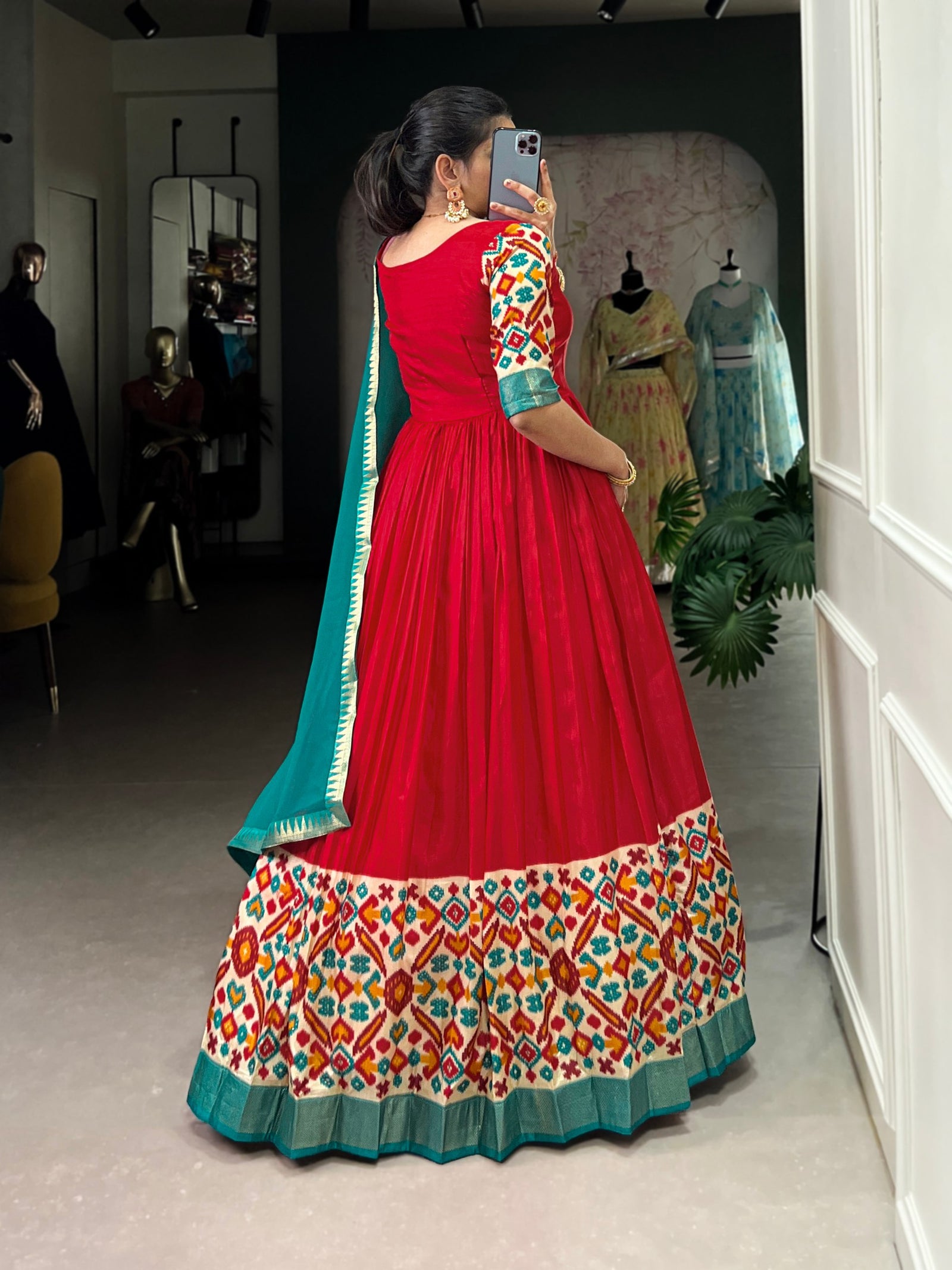 Red Elegant Dola Silk Flare Gown with Foil Print & Lace Border Dupatta