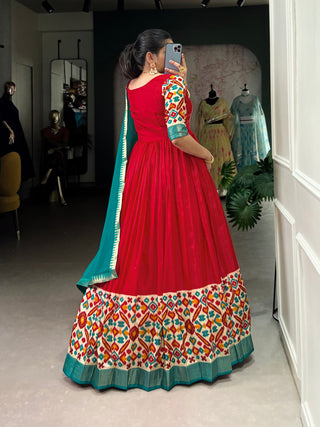 Red Elegant Dola Silk Flare Gown with Foil Print & Lace Border Dupatta
