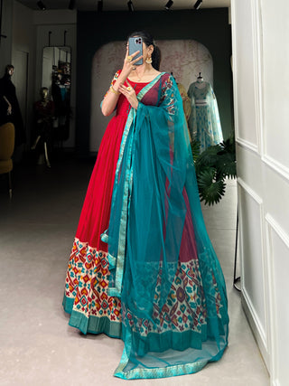 Red Elegant Dola Silk Flare Gown with Foil Print & Lace Border Dupatta