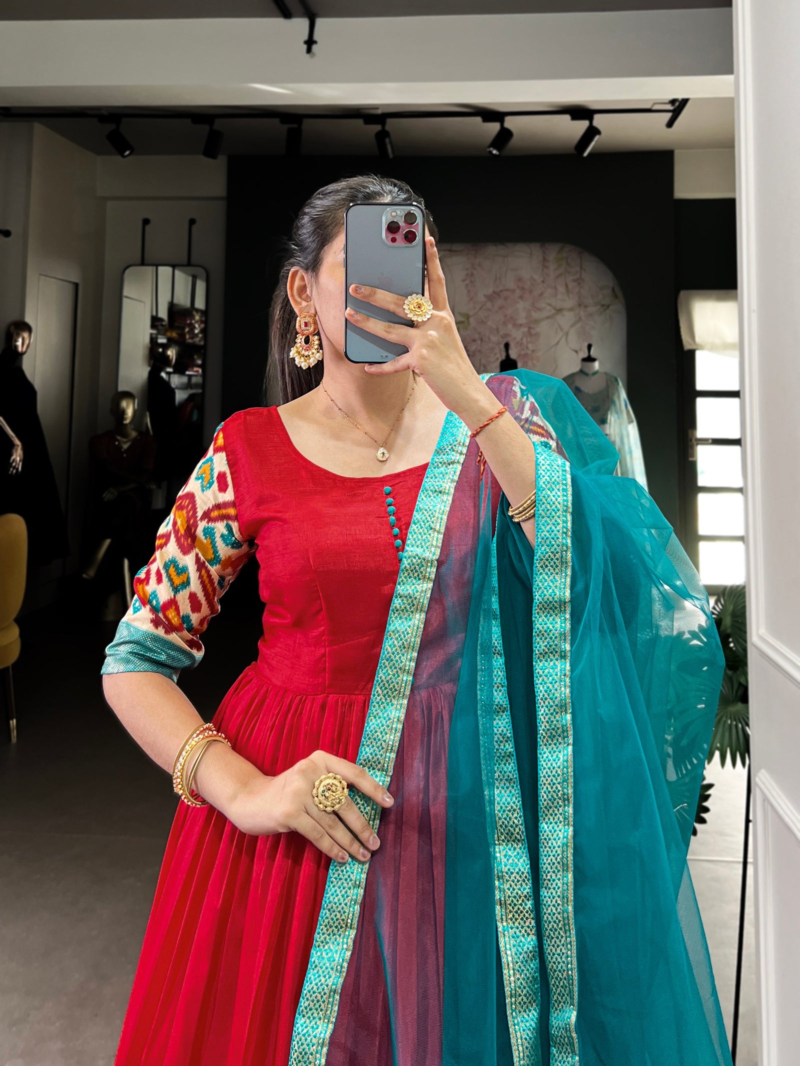 Red Elegant Dola Silk Flare Gown with Foil Print & Lace Border Dupatta