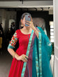 Load image into Gallery viewer, Red Elegant Dola Silk Flare Gown with Foil Print &amp; Lace Border Dupatta