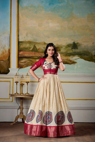 Red Elegant Dola Silk Kalamkari Print Gown with Zari Weaving Koti ClothsVilla
