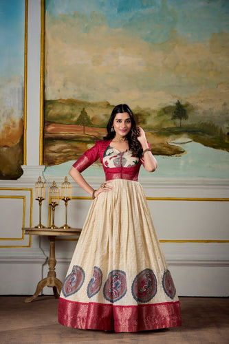 Red Elegant Dola Silk Kalamkari Print Gown with Zari Weaving Koti ClothsVilla