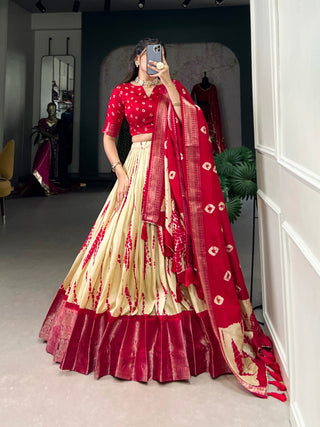 Red Elegant Dola Silk Shibori Print Lehenga Set with Zari Weaving Border