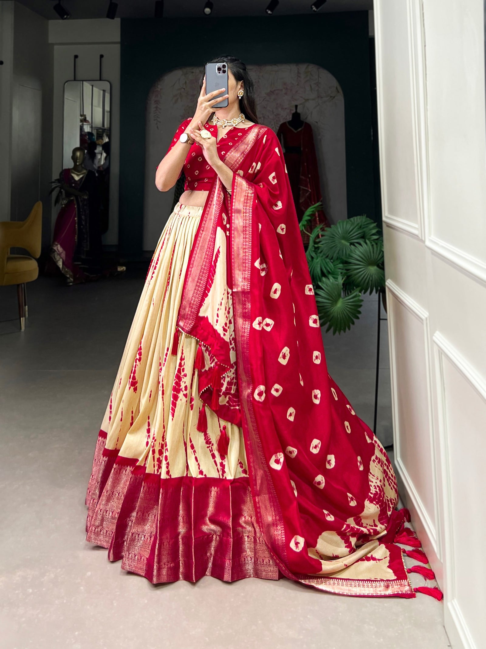 Red Elegant Dola Silk Shibori Print Lehenga Set with Zari Weaving Border