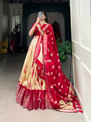 Red Elegant Dola Silk Shibori Print Lehenga Set with Zari Weaving Border