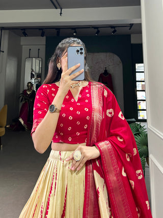 Red Elegant Dola Silk Shibori Print Lehenga Set with Zari Weaving Border