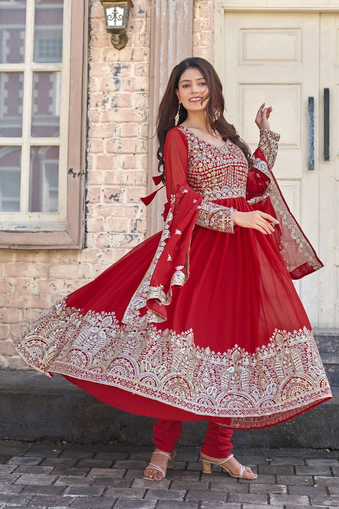 Red Elegant Embroidered Faux Georgette Gown Set with Dupatta & Chudidar – Fully Stitched Ensemble with 5mm Sequins Work & Tassel Sleeves ClothsVilla