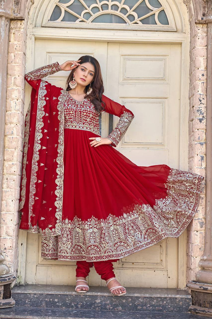 Red Elegant Embroidered Faux Georgette Gown Set with Dupatta & Chudidar – Fully Stitched Ensemble with 5mm Sequins Work & Tassel Sleeves ClothsVilla