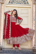 Load image into Gallery viewer, Red Elegant Embroidered Faux Georgette Gown Set with Dupatta &amp; Chudidar – Fully Stitched Ensemble with 5mm Sequins Work &amp; Tassel Sleeves ClothsVilla