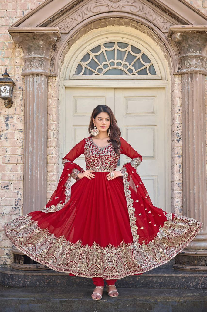 Red Elegant Embroidered Faux Georgette Gown Set with Dupatta & Chudidar – Fully Stitched Ensemble with 5mm Sequins Work & Tassel Sleeves ClothsVilla