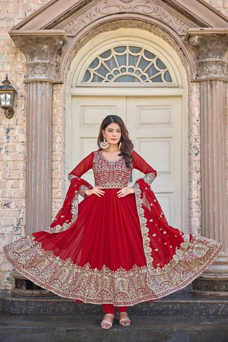 Red Elegant Embroidered Faux Georgette Gown Set with Dupatta & Chudidar – Fully Stitched Ensemble with 5mm Sequins Work & Tassel Sleeves ClothsVilla