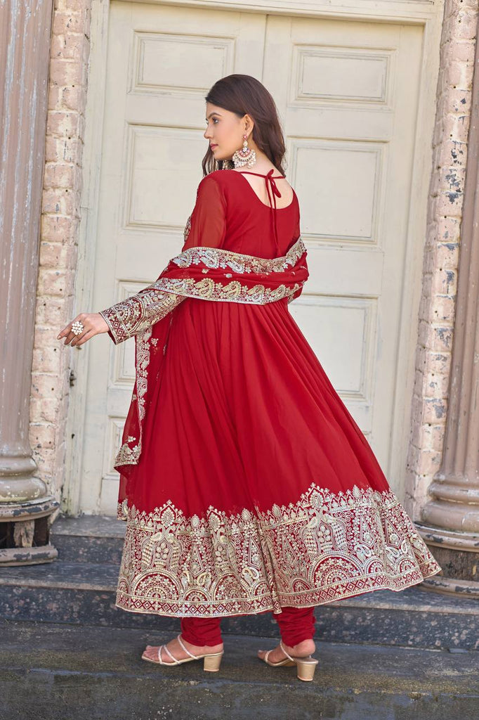 Red Elegant Embroidered Faux Georgette Gown Set with Dupatta & Chudidar – Fully Stitched Ensemble with 5mm Sequins Work & Tassel Sleeves ClothsVilla