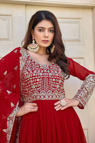 Red Elegant Embroidered Faux Georgette Gown Set with Dupatta & Chudidar – Fully Stitched Ensemble with 5mm Sequins Work & Tassel Sleeves ClothsVilla