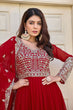 Load image into Gallery viewer, Red Elegant Embroidered Faux Georgette Gown Set with Dupatta &amp; Chudidar – Fully Stitched Ensemble with 5mm Sequins Work &amp; Tassel Sleeves ClothsVilla