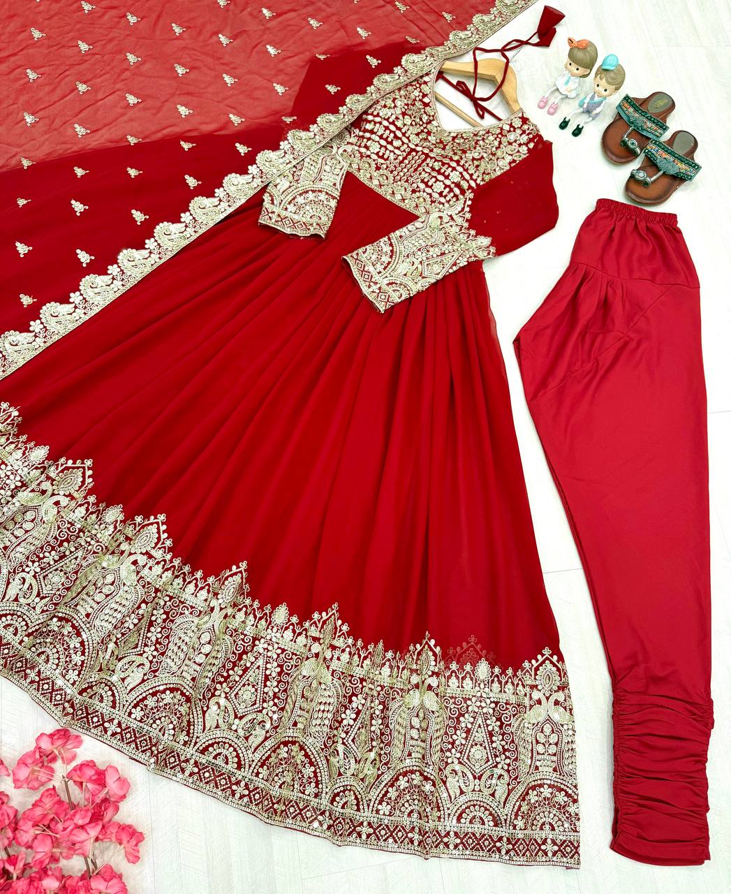 Red Elegant Embroidered Faux Georgette Gown Set with Dupatta & Chudidar – Fully Stitched Ensemble with 5mm Sequins Work & Tassel Sleeves ClothsVilla