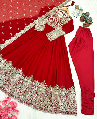 Red Elegant Embroidered Faux Georgette Gown Set with Dupatta & Chudidar – Fully Stitched Ensemble with 5mm Sequins Work & Tassel Sleeves ClothsVilla
