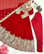 Load image into Gallery viewer, Red Elegant Embroidered Faux Georgette Gown Set with Dupatta &amp; Chudidar – Fully Stitched Ensemble with 5mm Sequins Work &amp; Tassel Sleeves ClothsVilla