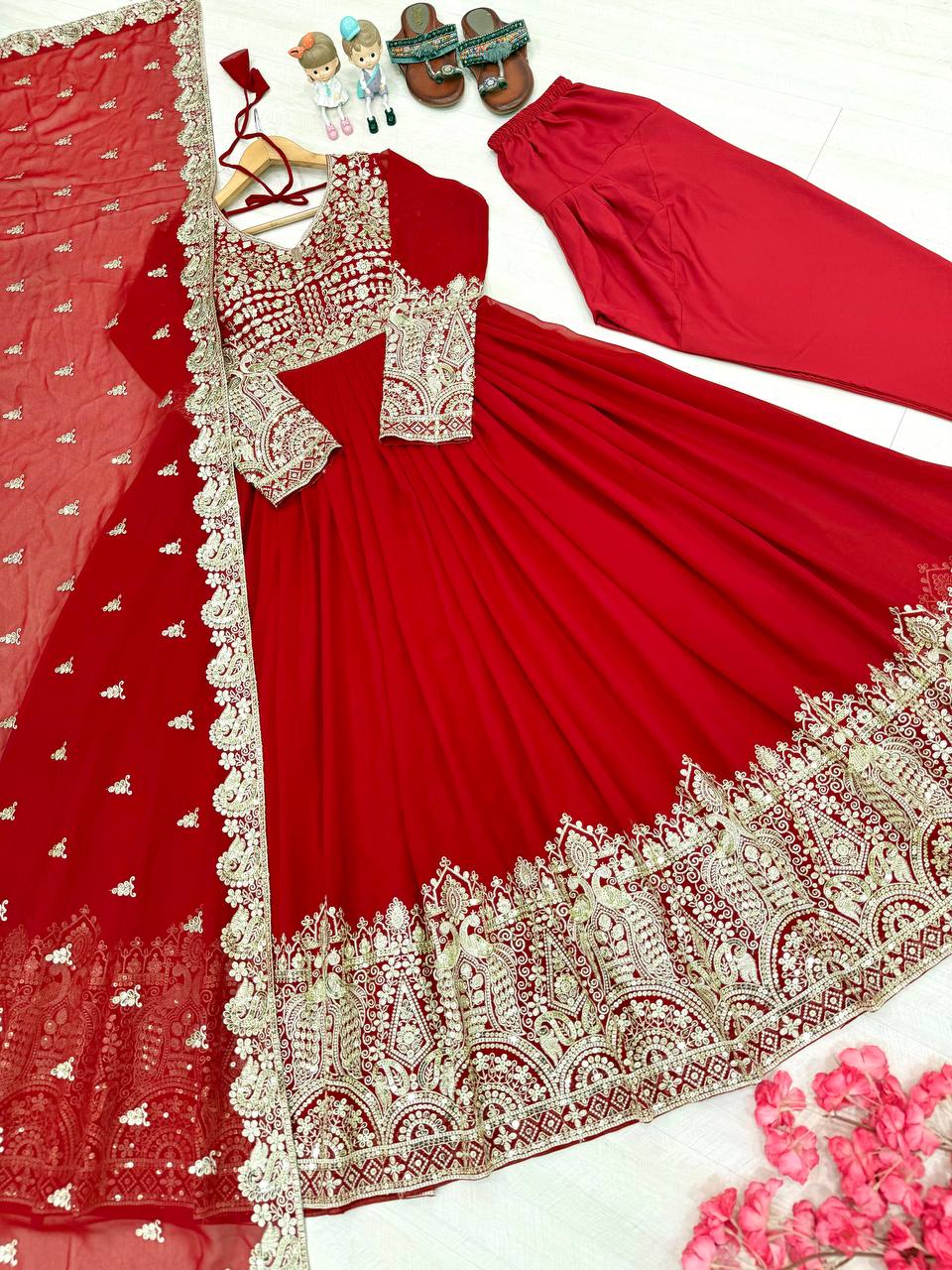 Red Elegant Embroidered Faux Georgette Gown Set with Dupatta & Chudidar – Fully Stitched Ensemble with 5mm Sequins Work & Tassel Sleeves ClothsVilla