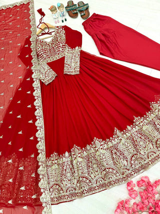 Red Elegant Embroidered Faux Georgette Gown Set with Dupatta & Chudidar – Fully Stitched Ensemble with 5mm Sequins Work & Tassel Sleeves ClothsVilla