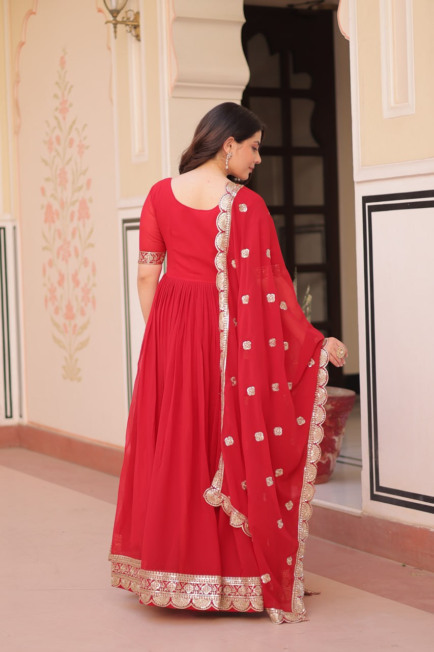 Red Elegant Faux Blooming Embroidered Gown Set with Designer Dupatta ClothsVilla