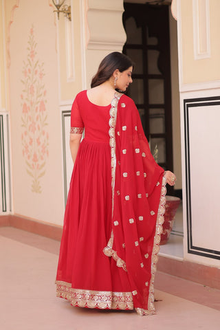 Red Elegant Faux Blooming Embroidered Gown Set with Designer Dupatta ClothsVilla