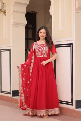 Red Elegant Faux Blooming Embroidered Gown Set with Designer Dupatta ClothsVilla