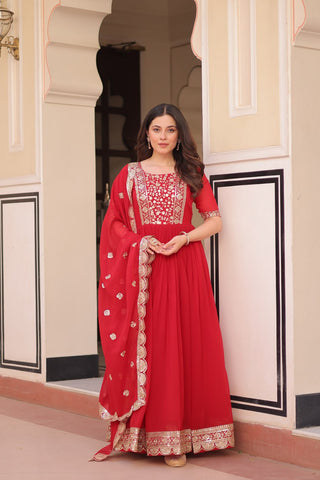 Red Elegant Faux Blooming Embroidered Gown Set with Designer Dupatta ClothsVilla