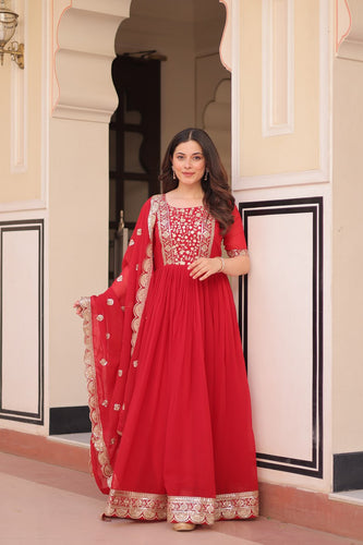 Red Elegant Faux Blooming Embroidered Gown Set with Designer Dupatta ClothsVilla