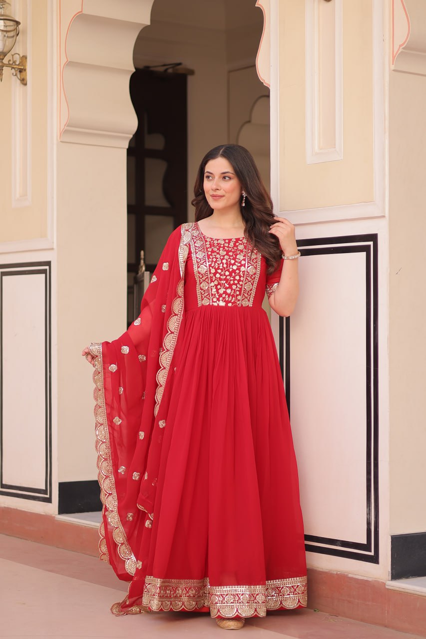 Red Elegant Faux Blooming Embroidered Gown Set with Designer Dupatta ClothsVilla