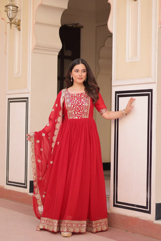 Red Elegant Faux Blooming Embroidered Gown Set with Designer Dupatta ClothsVilla