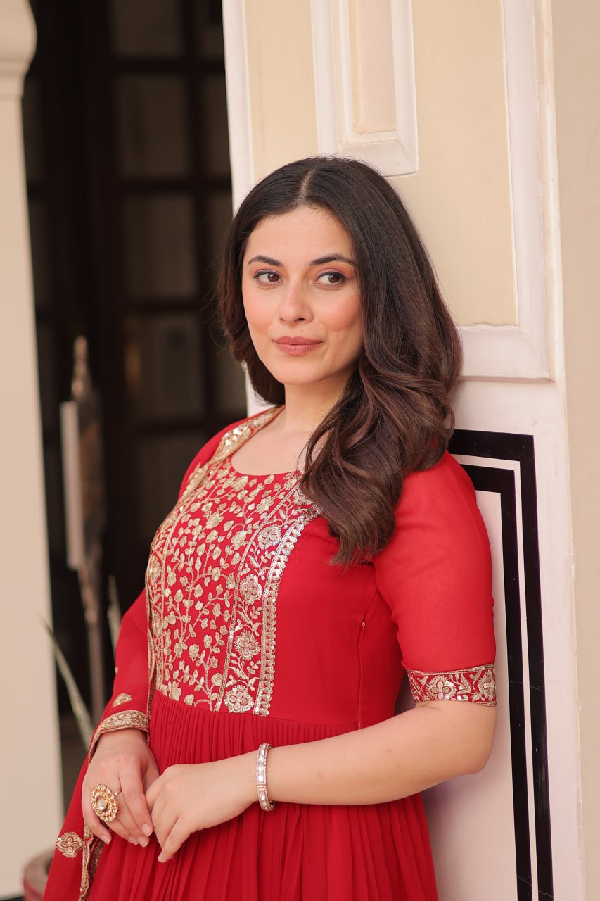 Red Elegant Faux Blooming Embroidered Gown Set with Designer Dupatta ClothsVilla