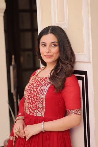 Red Elegant Faux Blooming Embroidered Gown Set with Designer Dupatta ClothsVilla