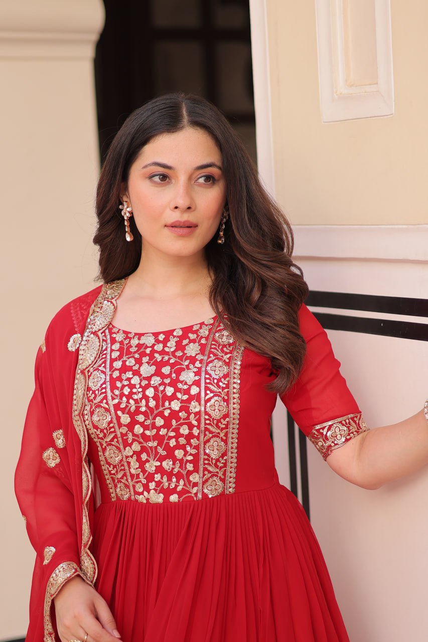 Red Elegant Faux Blooming Embroidered Gown Set with Designer Dupatta ClothsVilla