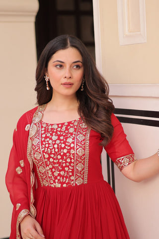 Red Elegant Faux Blooming Embroidered Gown Set with Designer Dupatta ClothsVilla
